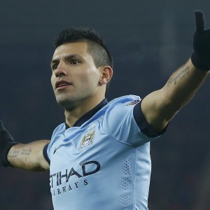 Manchester City's Aguero celebrates his second goal against Sunderland during their English Premier League soccer match at theStadium of Light in Sunderland